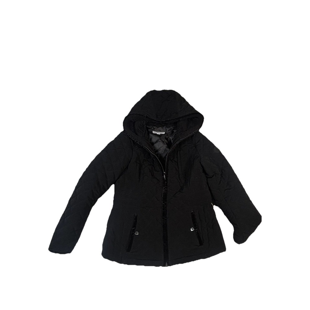 Laundry By Shelli Segal Coat Womens Petite Small Black Quilted Hooded Zip Winter